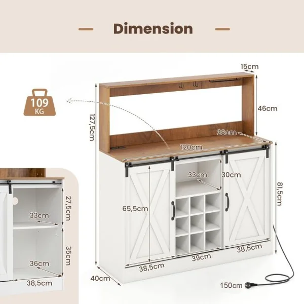 Buffet Bar à Vin Fermier avec Station de Recharge Meuble à Vin de 120cm avec Portes Coulissantes de Grange Porte-bouteilles Amovible Blanc