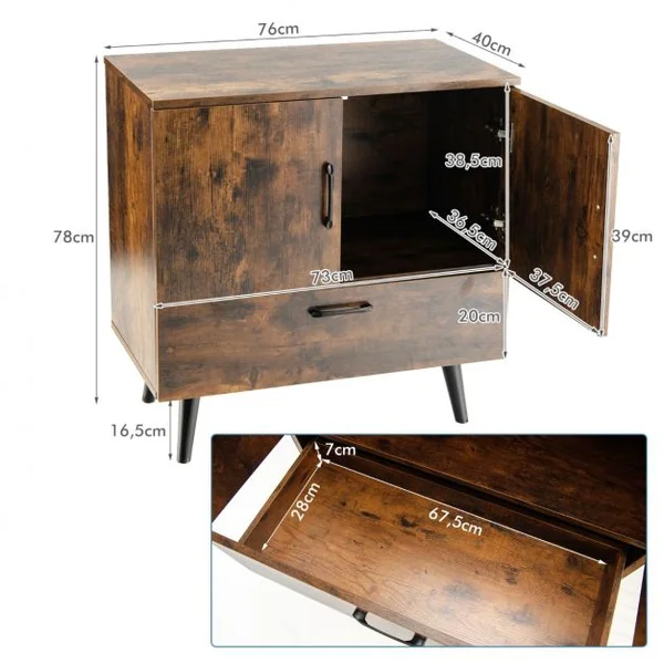 Buffet Bas Meuble de Rangement Industriel 2 Portes 1 Tiroir pour Salon Salle à Manger Entrée 76x40x78 cm Marron Rustique