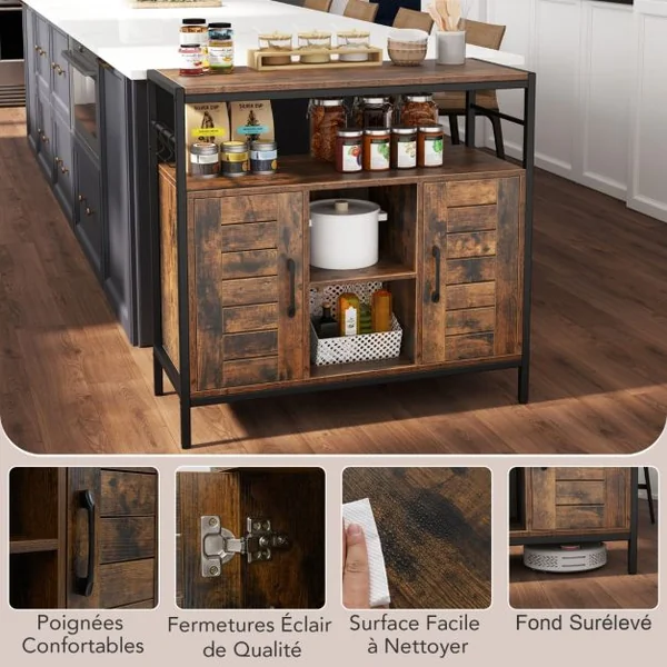 Buffet Cabinet de Bar à Café avec 2 Portes Compartiments Ouverts Étagères Ajustables 3 Crochets Meuble Industriel Marron Rustique