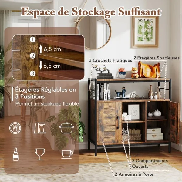 Buffet Cabinet de Bar à Café avec 2 Portes Compartiments Ouverts Étagères Ajustables 3 Crochets Meuble Industriel Marron Rustique