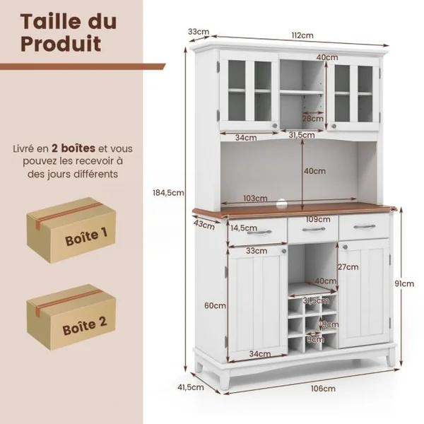 Buffet Cuisine - 3 Tiroirs et 4 Placards à Porte - Buffet Haut - 3 Compartiments Ouverts Casiers à Vin et Étagère réglable