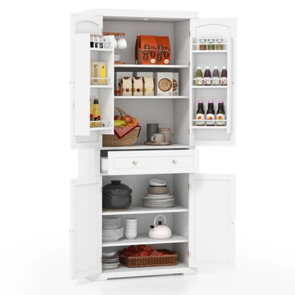 Buffet Cuisine 4 Portes Tiroir Vaisselier Cuisine 183 Cm avec Casiers Latéraux Armoire Cuisine pour Salle à Manger Buanderie Salon Blanc