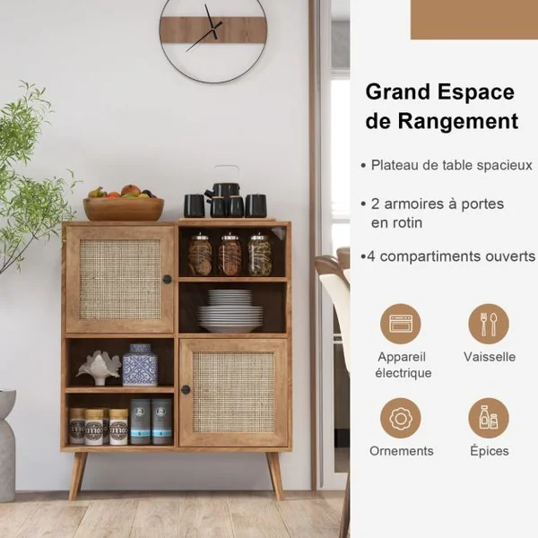 Buffet Cuisine Meuble de Rangement avec 2 Placards 4 Compartiments Porte Cannage Pieds en Bois Massif 80 x 29,5 x 97 cm