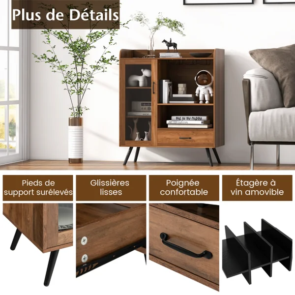 Buffet Cuisine à Porte Vitrée avec Tiroir 5 Compartiments Meuble de Rangement avec Porte-Verre Porte-Bouteilles, 80x40x95cm Naturel