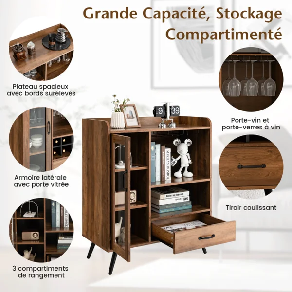 Buffet Cuisine à Porte Vitrée avec Tiroir 5 Compartiments Meuble de Rangement avec Porte-Verre Porte-Bouteilles, 80x40x95cm Naturel