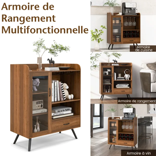 Buffet Cuisine à Porte Vitrée avec Tiroir 5 Compartiments Meuble de Rangement avec Porte-Verre Porte-Bouteilles, 80x40x95cm Naturel
