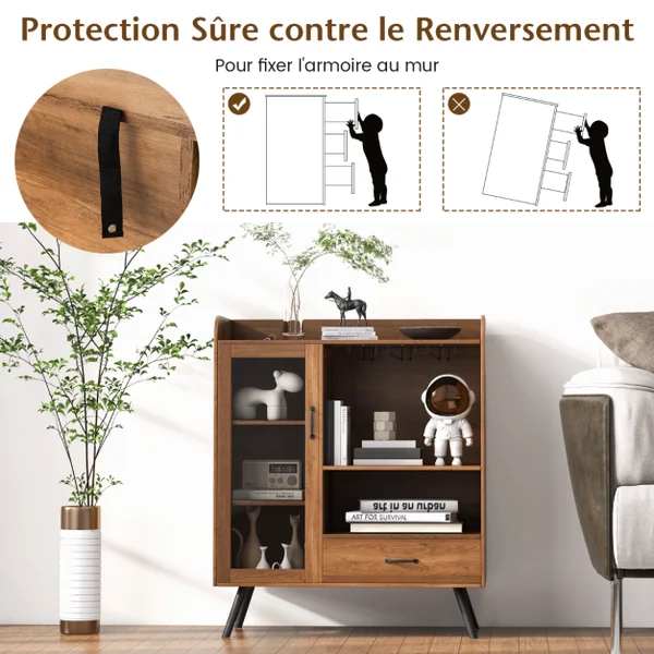 Buffet Cuisine à Porte Vitrée avec Tiroir 5 Compartiments Meuble de Rangement avec Porte-Verre Porte-Bouteilles, 80x40x95cm Naturel