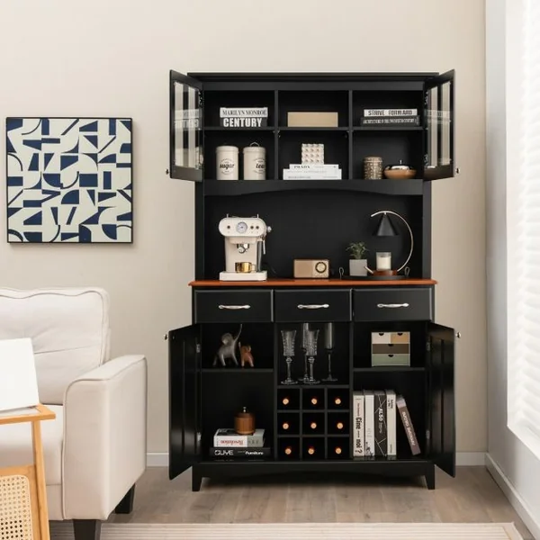 Buffet de Cuisine avec Vaisselier Armoire de Rangement de Cuisine avec Cabinet en Verre Trempé Porte-Bouteilles Étagères Réglables Blanc/Noir