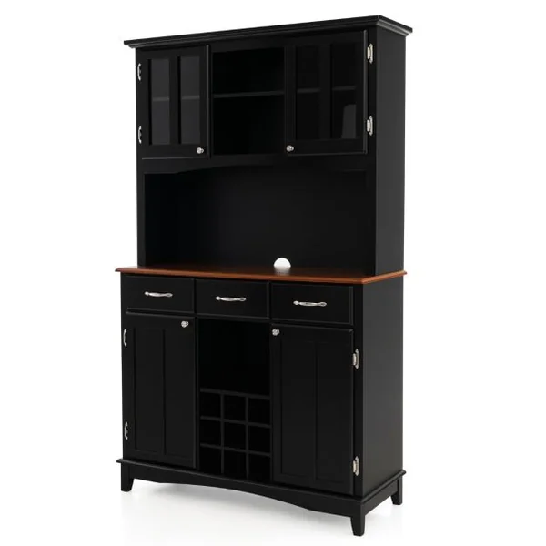 Buffet de Cuisine avec Vaisselier Armoire de Rangement de Cuisine avec Cabinet en Verre Trempé Porte-Bouteilles Étagères Réglables Blanc/Noir