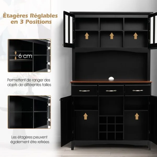Buffet de Cuisine avec Vaisselier Armoire de Rangement de Cuisine avec Cabinet en Verre Trempé Porte-Bouteilles Étagères Réglables Blanc/Noir