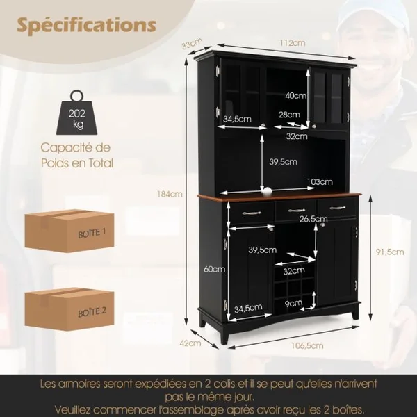 Buffet de Cuisine avec Vaisselier Armoire de Rangement de Cuisine avec Cabinet en Verre Trempé Porte-Bouteilles Étagères Réglables Blanc/Noir