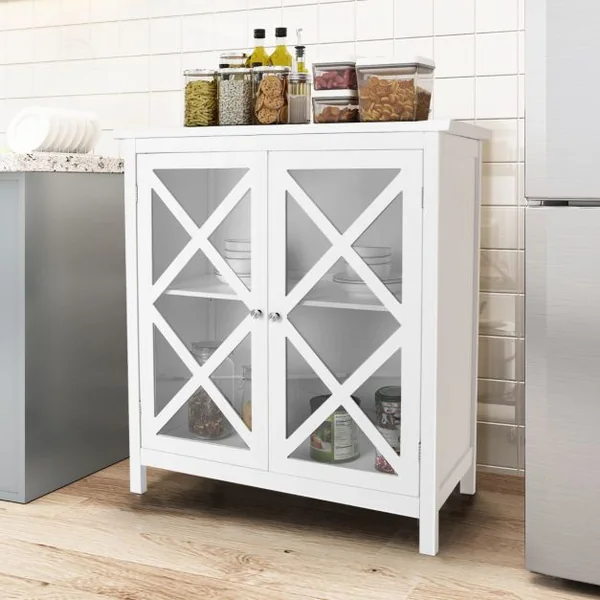 Buffet de Cuisine Buffet avec 2 Portes en Verre et Étagère Réglable Meuble de Rangement pour Salon Cuisine Blanc