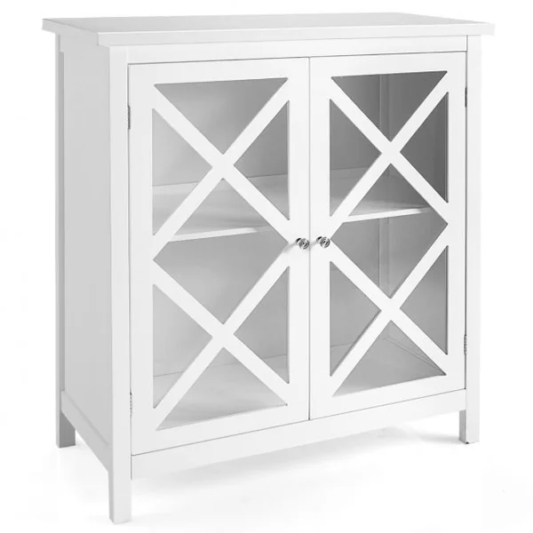 Buffet de Cuisine Buffet avec 2 Portes en Verre et Étagère Réglable Meuble de Rangement pour Salon Cuisine Blanc