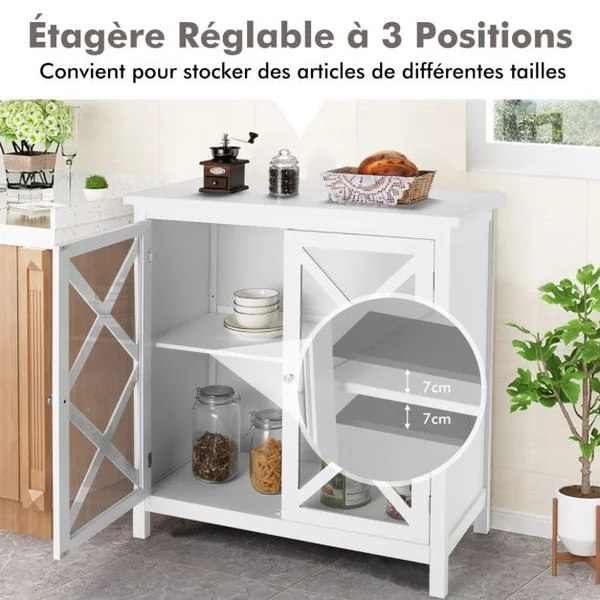Buffet de Cuisine Buffet avec 2 Portes en Verre et Étagère Réglable Meuble de Rangement pour Salon Cuisine Blanc