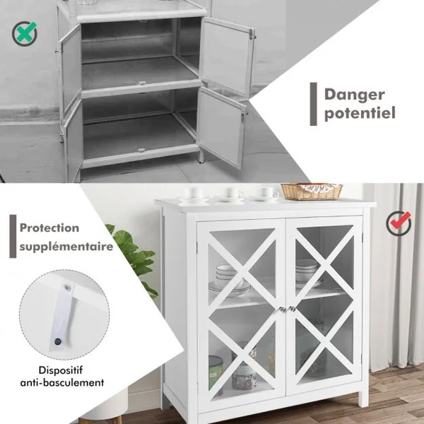 Buffet de Cuisine Buffet avec 2 Portes en Verre et Étagère Réglable Meuble de Rangement pour Salon Cuisine Blanc
