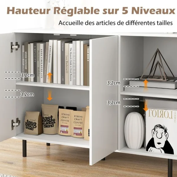 Buffet de Cuisine de 106 cm Meuble de Rangement Moderne avec 2 Portes et Etagères Réglables Kit Anti-basculement Meuble de Bar à Café Blanc