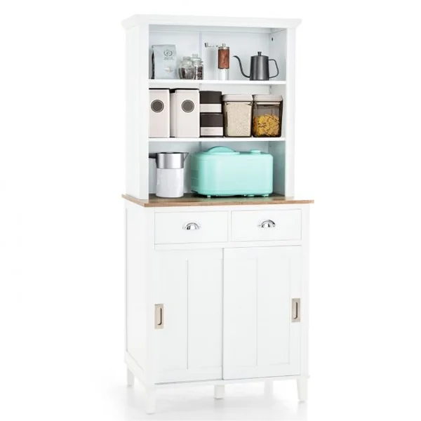 Buffet de Cuisine de 170 cm avec Niche avec Portes Coulissantes Étagères Ouvertes et 2 Tiroirs pour la Maison Blanc