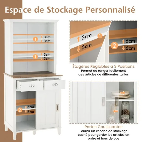 Buffet de Cuisine de 170 cm avec Niche avec Portes Coulissantes Étagères Ouvertes et 2 Tiroirs pour la Maison Blanc