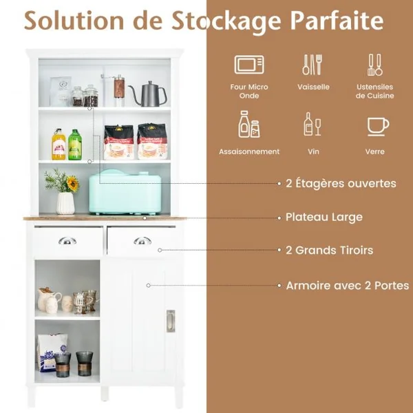 Buffet de Cuisine de 170 cm avec Niche avec Portes Coulissantes Étagères Ouvertes et 2 Tiroirs pour la Maison Blanc
