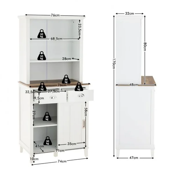 Buffet de Cuisine de 170 cm avec Niche avec Portes Coulissantes Étagères Ouvertes et 2 Tiroirs pour la Maison Blanc
