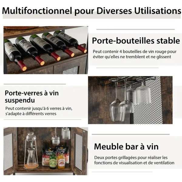 Buffet de Cuisine Industriel à 2 Portes en Treillis 60x34x79cm pour Salon Salle à Manger Cuisine Marron Rustique
