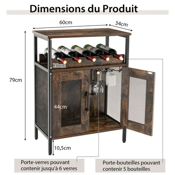 Buffet de Cuisine Industriel à 2 Portes en Treillis 60x34x79cm pour Salon Salle à Manger Cuisine Marron Rustique