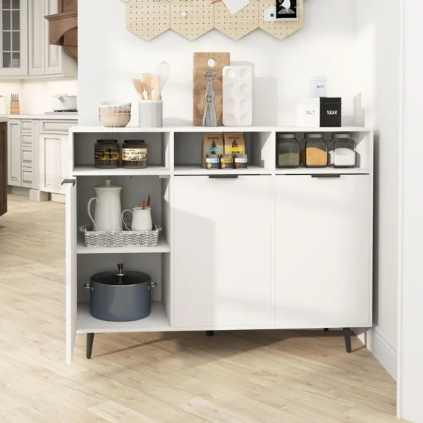 Buffet Meuble de Rangement avec Etagères Réglables à 5 Positions Meuble de Bar à Café avec 3 Compartiments Ouverts et Portes Blanc