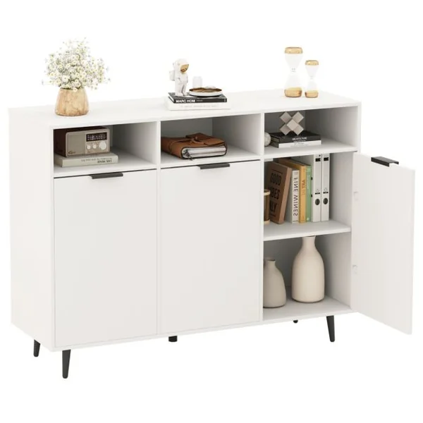 Buffet Meuble de Rangement avec Etagères Réglables à 5 Positions Meuble de Bar à Café avec 3 Compartiments Ouverts et Portes Blanc