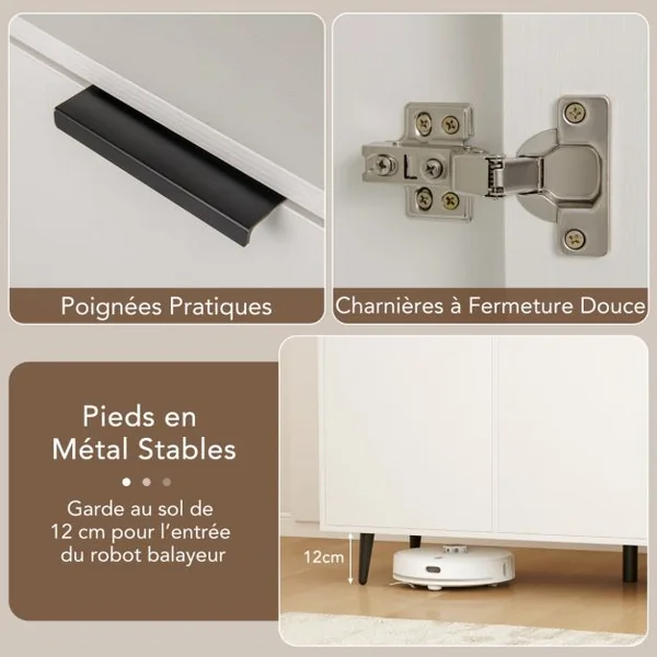 Buffet Meuble de Rangement avec Etagères Réglables à 5 Positions Meuble de Bar à Café avec 3 Compartiments Ouverts et Portes Blanc