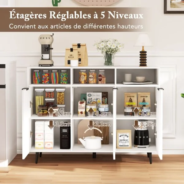 Buffet Meuble de Rangement avec Etagères Réglables à 5 Positions Meuble de Bar à Café avec 3 Compartiments Ouverts et Portes Blanc