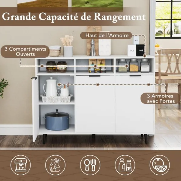 Buffet Meuble de Rangement avec Etagères Réglables à 5 Positions Meuble de Bar à Café avec 3 Compartiments Ouverts et Portes Blanc