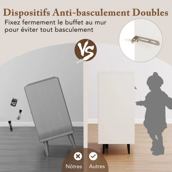Buffet Meuble de Rangement avec Etagères Réglables à 5 Positions Meuble de Bar à Café avec 3 Compartiments Ouverts et Portes Blanc