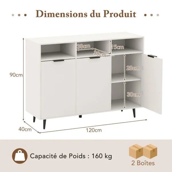 Buffet Meuble de Rangement avec Etagères Réglables à 5 Positions Meuble de Bar à Café avec 3 Compartiments Ouverts et Portes Blanc