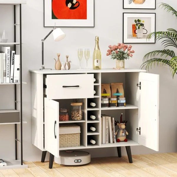 Buffet Moderne avec Casier à Vin pour 6 Bouteilles 1 Tiroir 2 Portes et 2 Etagères Réglables Meuble de Rangement d'Appoint Blanc