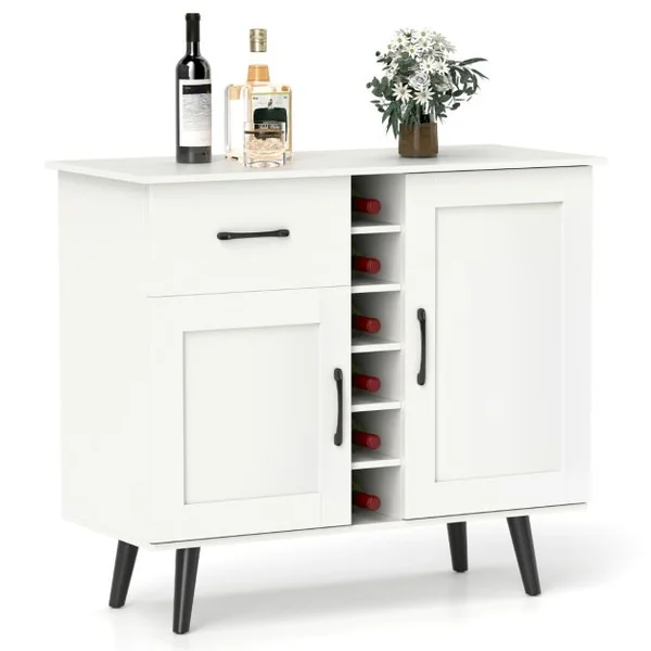 Buffet Moderne avec Casier à Vin pour 6 Bouteilles 1 Tiroir 2 Portes et 2 Etagères Réglables Meuble de Rangement d'Appoint Blanc