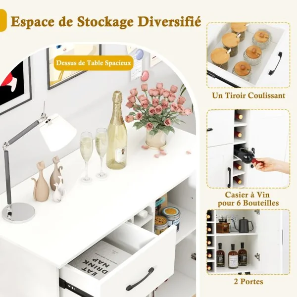 Buffet Moderne avec Casier à Vin pour 6 Bouteilles 1 Tiroir 2 Portes et 2 Etagères Réglables Meuble de Rangement d'Appoint Blanc