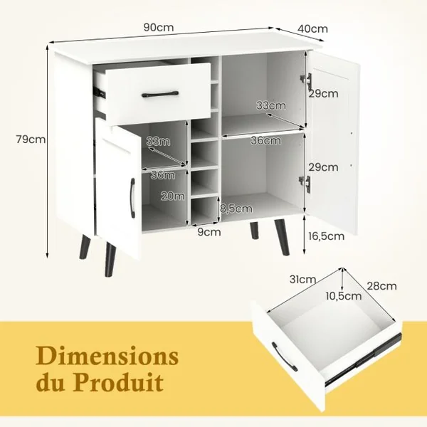Buffet Moderne avec Casier à Vin pour 6 Bouteilles 1 Tiroir 2 Portes et 2 Etagères Réglables Meuble de Rangement d'Appoint Blanc