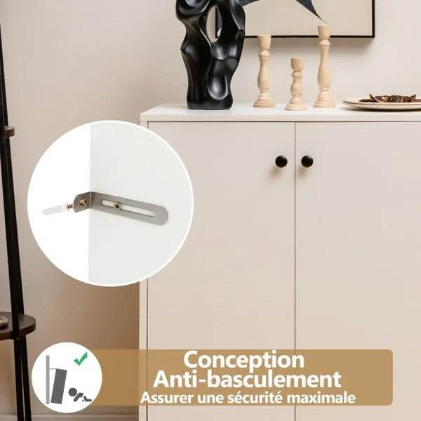 Buffet Salon avec 2 Placards à Porte et 2 Tiroirs Meuble de Rangement Commode Blanc Étagères Réglables Dispositif Anti-basculement pour Salon 106 x 34 x 85,5 cm
