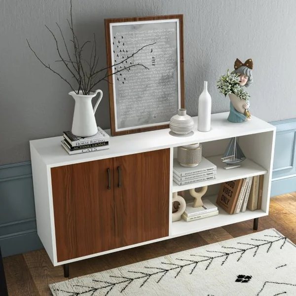 Buffet Salon avec 2 Portes et 2 Compartiments Meuble de Rangement Commode 4 Pieds Métalliques Surélevés 148 x 40 x 75 cm Marron+Blanc