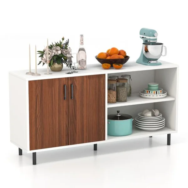 Buffet Salon avec 2 Portes et 2 Compartiments Meuble de Rangement Commode 4 Pieds Métalliques Surélevés 148 x 40 x 75 cm Marron+Blanc