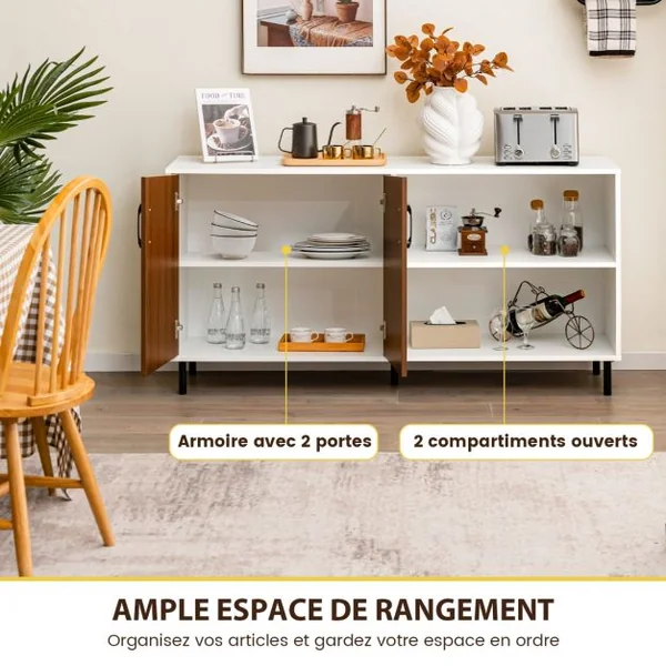 Buffet Salon avec 2 Portes et 2 Compartiments Meuble de Rangement Commode 4 Pieds Métalliques Surélevés 148 x 40 x 75 cm Marron+Blanc