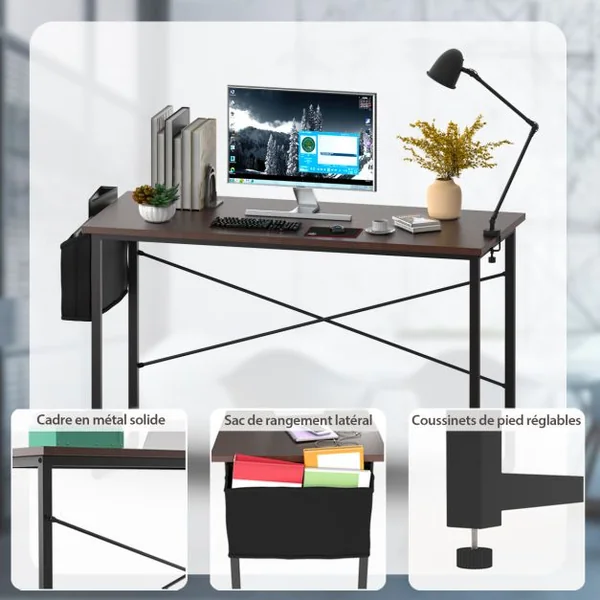 Bureau 120 x 51 x 76 CM Porte-documents Latéral Cadre en Métal Table de Travail Style Industriel Café