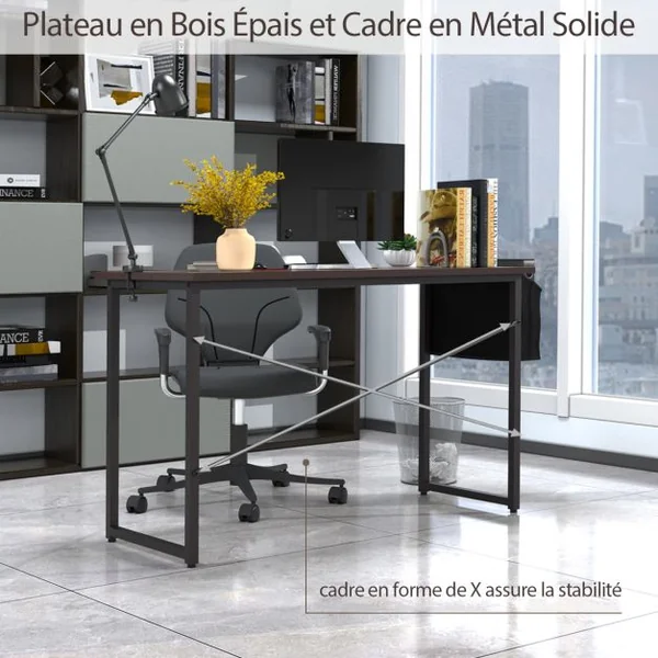 Bureau 120 x 51 x 76 CM Porte-documents Latéral Cadre en Métal Table de Travail Style Industriel Café