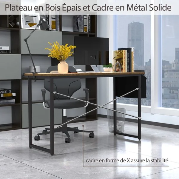 Bureau 120 x 51 x 76 CM Porte-documents Latéral Cadre en Métal Table de Travail Style Industriel Marron