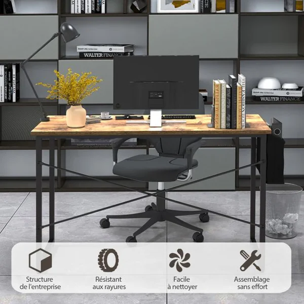 Bureau 120 x 51 x 76 CM Porte-documents Latéral Cadre en Métal Table de Travail Style Industriel Marron