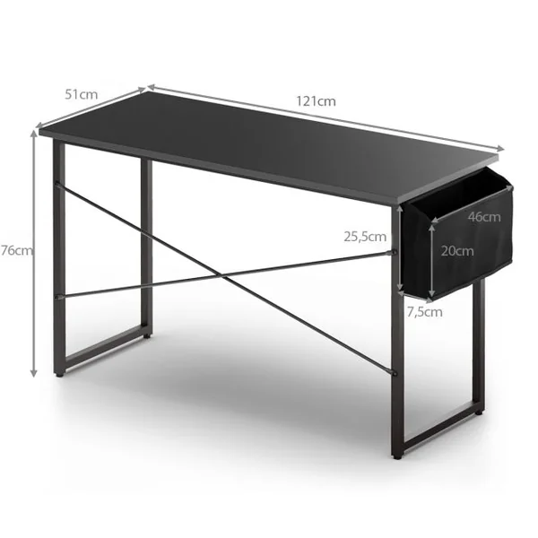 Bureau 120 x 51 x 76 CM Porte-documents Latéral Cadre en Métal Table de Travail Style Industriel Noir