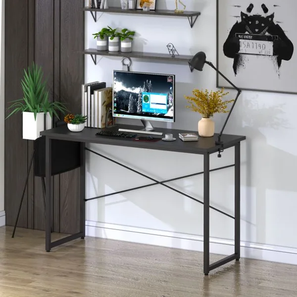 Bureau 120 x 51 x 76 CM Porte-documents Latéral Cadre en Métal Table de Travail Style Industriel Noir
