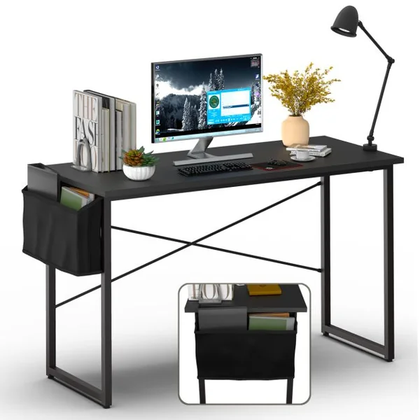 Bureau 120 x 51 x 76 CM Porte-documents Latéral Cadre en Métal Table de Travail Style Industriel Noir