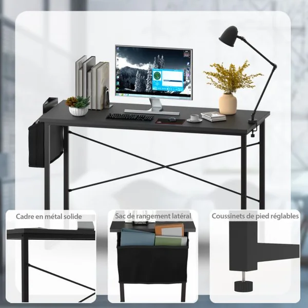 Bureau 120 x 51 x 76 CM Porte-documents Latéral Cadre en Métal Table de Travail Style Industriel Noir