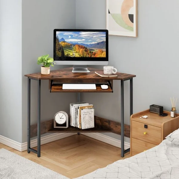 Bureau Angle Bureau Informatique avec Etagère Clavier 72 x 72 x 75,5 cm avec Etagère de Rangement Brun Rustique